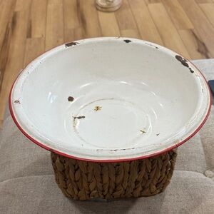 Vintage White Enamel Bowl with Red Rim